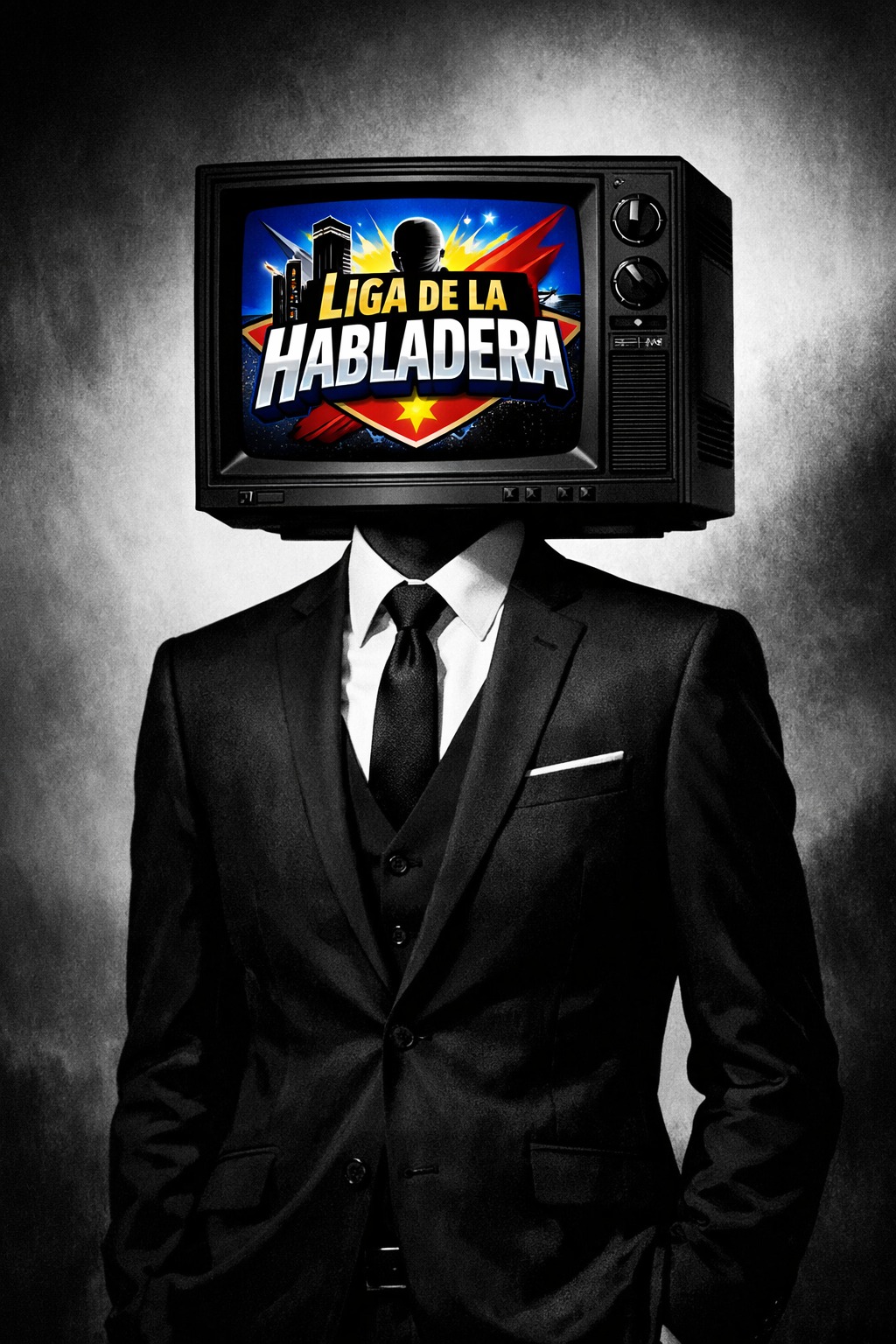 Mascota de Liga de la Habladera: hombre de traje con cabeza de televisor retro